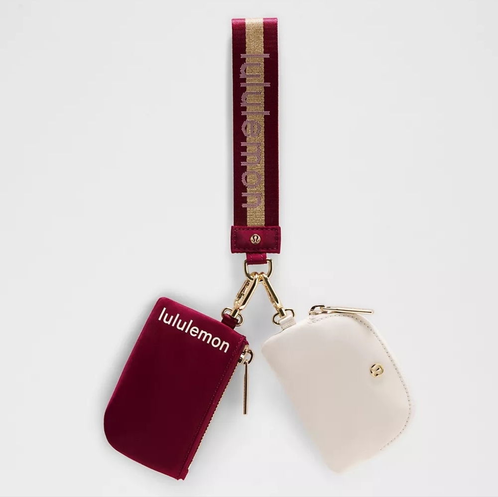 NWT Lululemon Dual Pouch Wristlet *Wordmark Deep Luxe / Gold / Bone